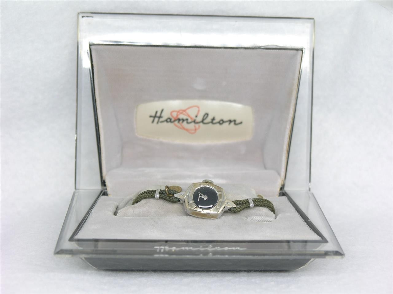 MID-CENTURY 1950’S 10K WHITE GOLD FILL HAMILTON WATCH W/ ATOMIC BOX, RUNNING!