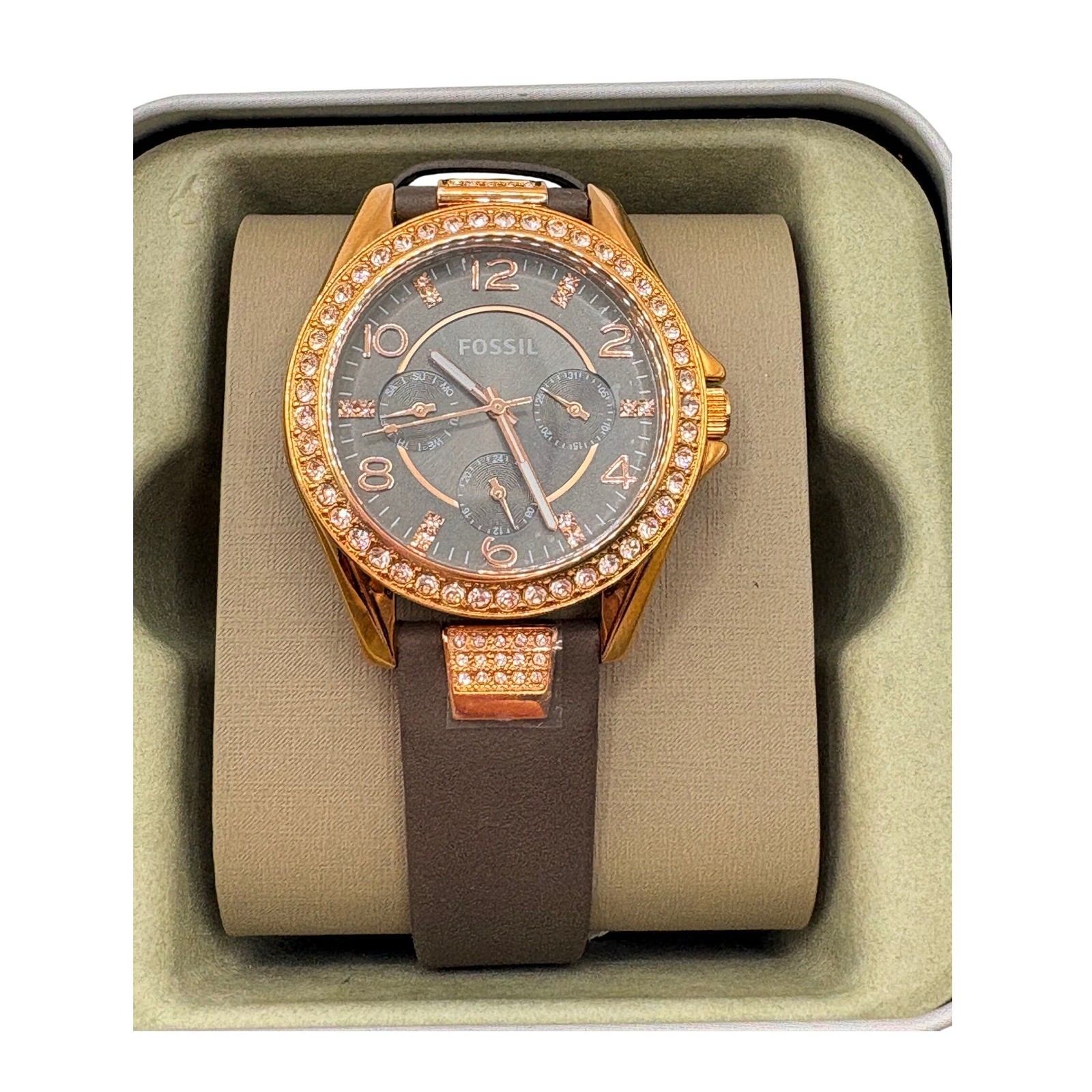 Fossil Riley Multifunction Watch Womens Brown Rose Gold Crystal Glitz ES3888