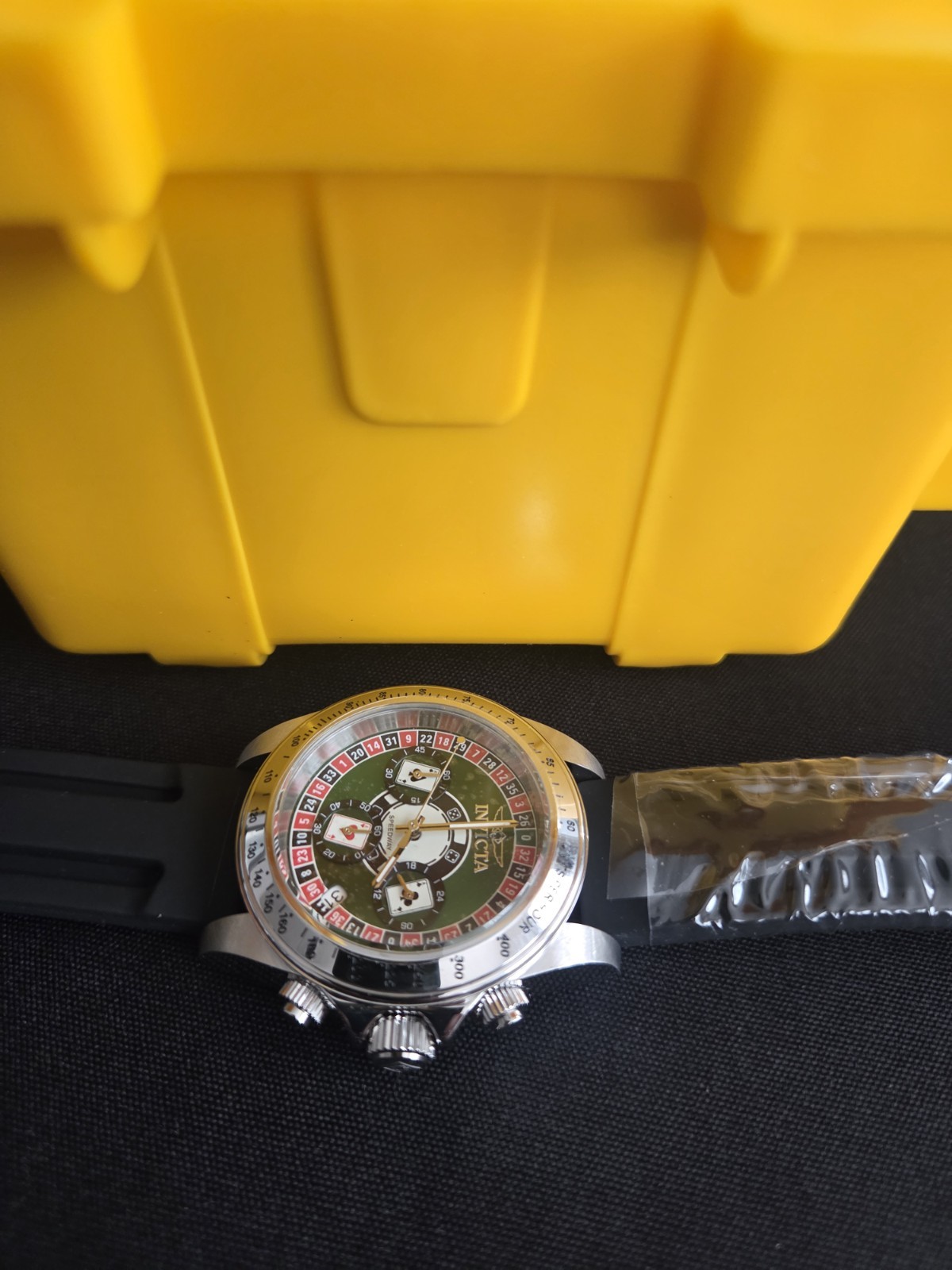 Invicta Confidential Prototype Mens Quartz Chronograph Green Dial Black Rubber