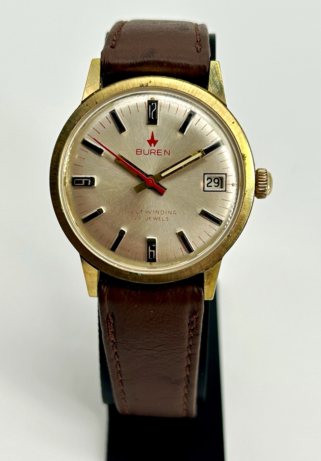 Vintage Buren Automatic 25 Jewel Date 34mm Swiss Gold Plated Original Dial Runs