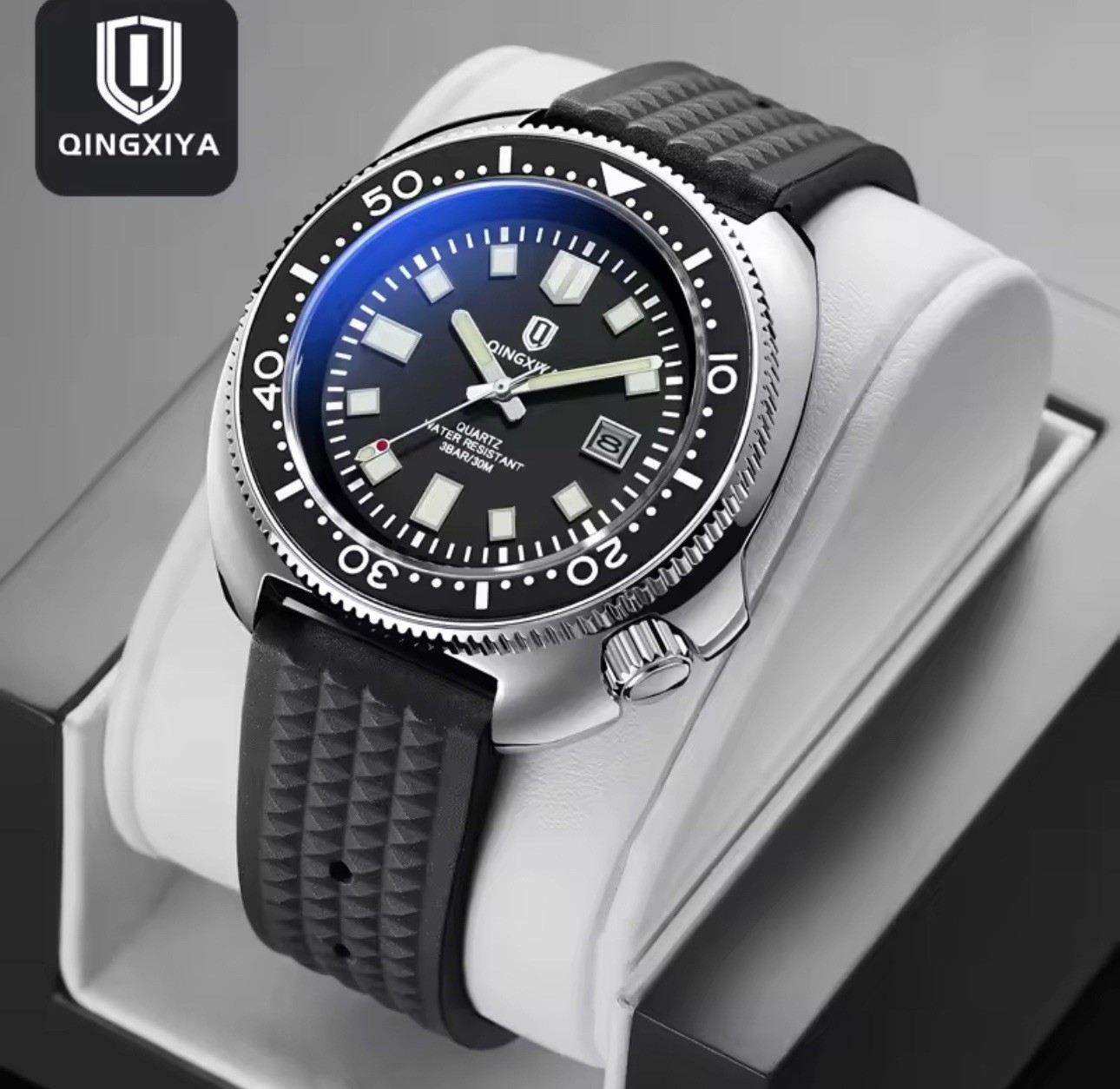 44MM QINGXIYA Tuna Quartz Men’s Watch Silicone 30M Waterproof Date Luminous NEW