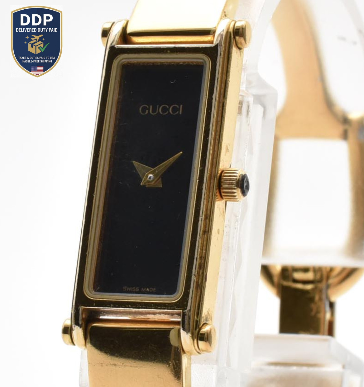 [Exc+3] GUCCI 1500L Bangle Watch Black Dial Gold Plated Ladies Quartz 15cm JAPAN