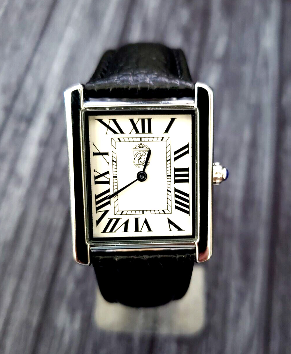 RARE NOS Seiko Men Tank Rectangular Blue Dial Black Leather band Dress Watch