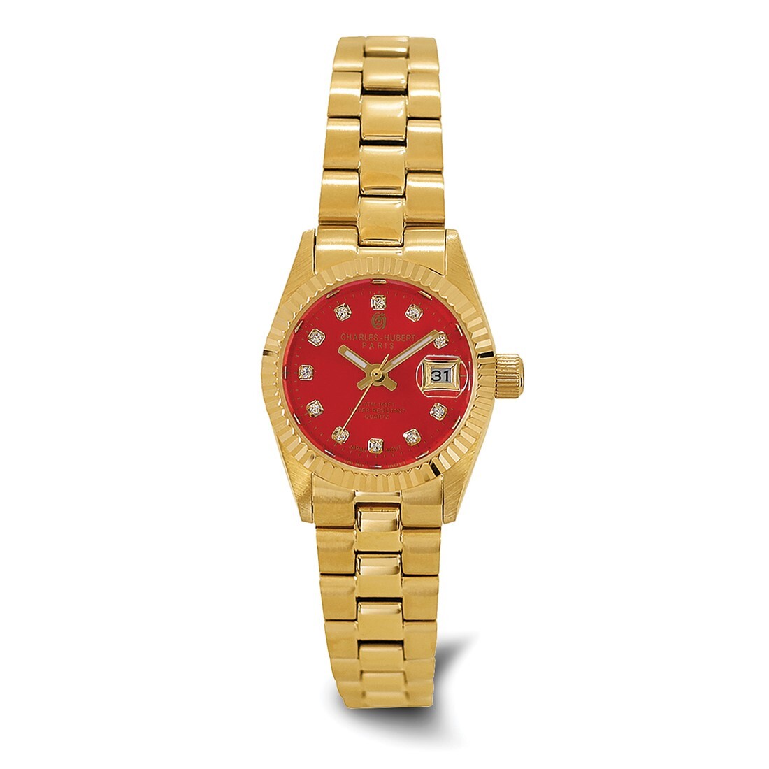 Charles Hubert Womens Yellow-plated Stainless Steel Quartz Red Dial w/Dial Watch