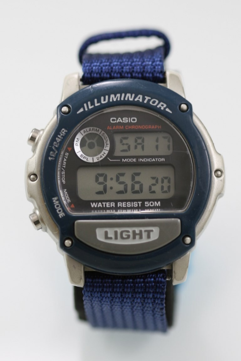 Casio Watch Men Gray Plastic 50m Nylon Blue Batt Light Alarm Chron Date Quartz