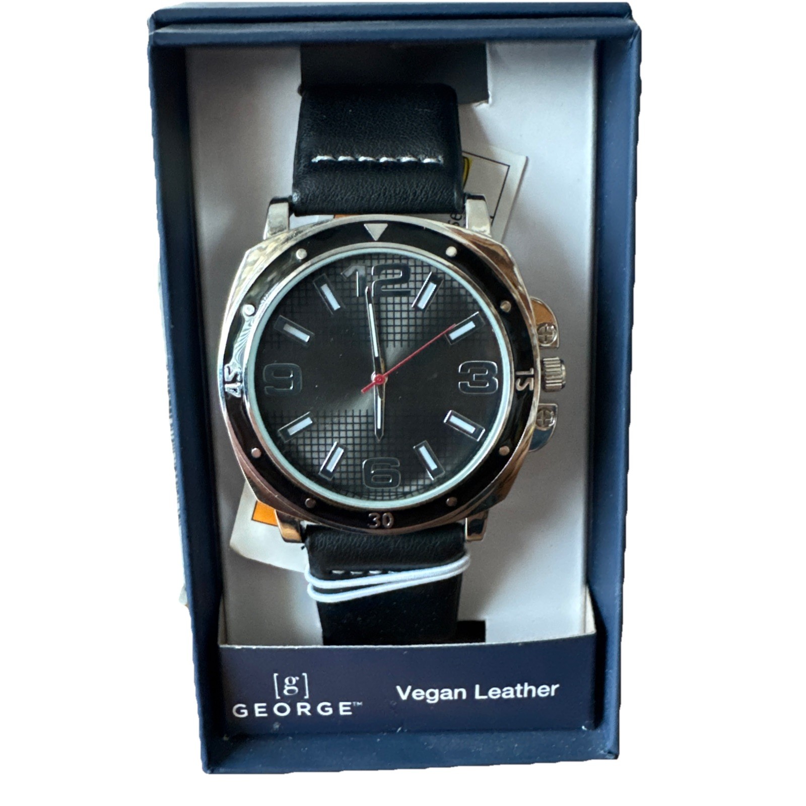 Men’s Black Wrist Watch By George W Long Life Battery Vegan Black Leather Strap