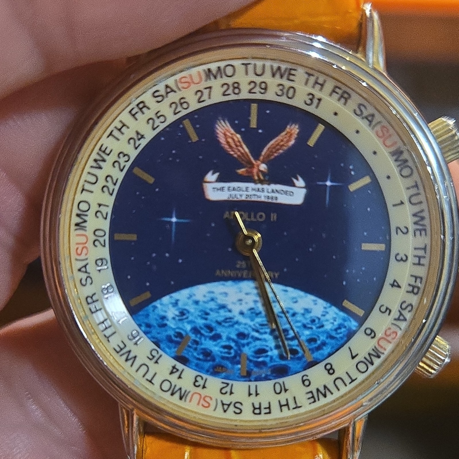 Apollo 11 Space Theme Quartz Analog Day/Date Orange Leather Strap Gold Case