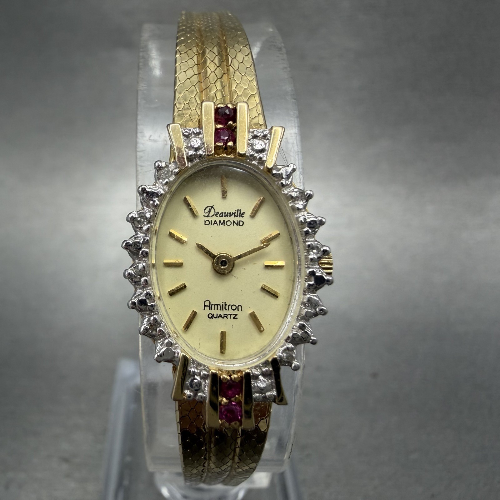 Armitron Deauville Diamond Watch Women 15mm Gold Dial Gold Ruby Oval New Battery