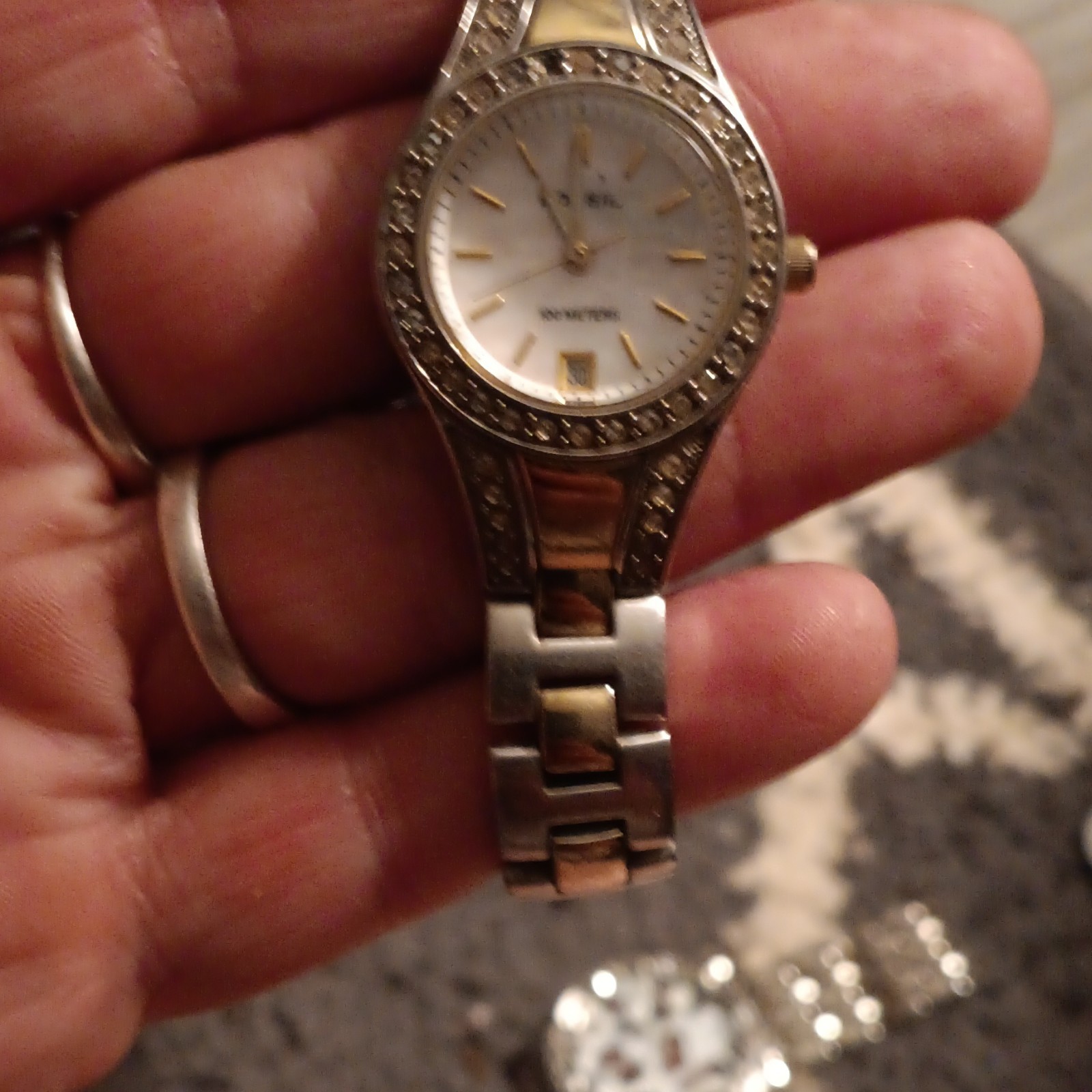 Fossil Women’s Two-Tone Quartz Analog Dress Watch, Date, Gem-Set Bezel