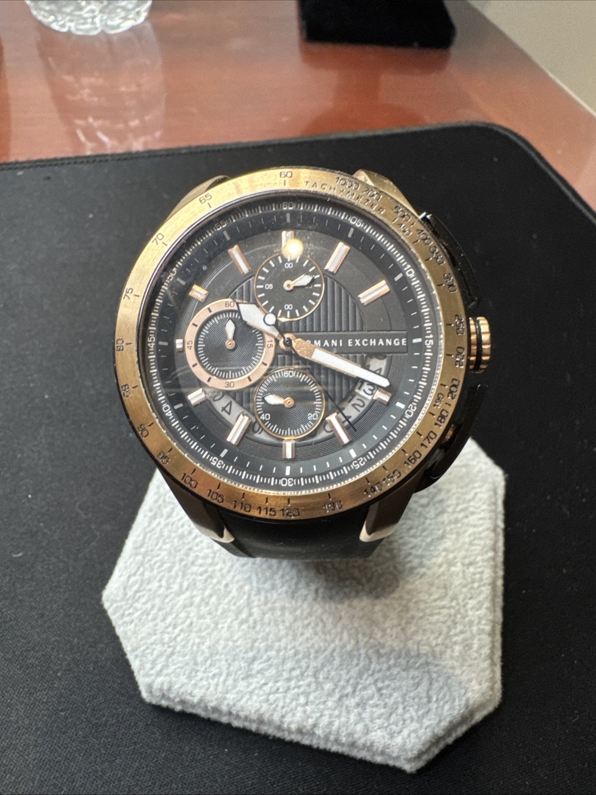 Armani Exchange AX1406 quartz chrono watch: 45mm rose gold & silicone strap.