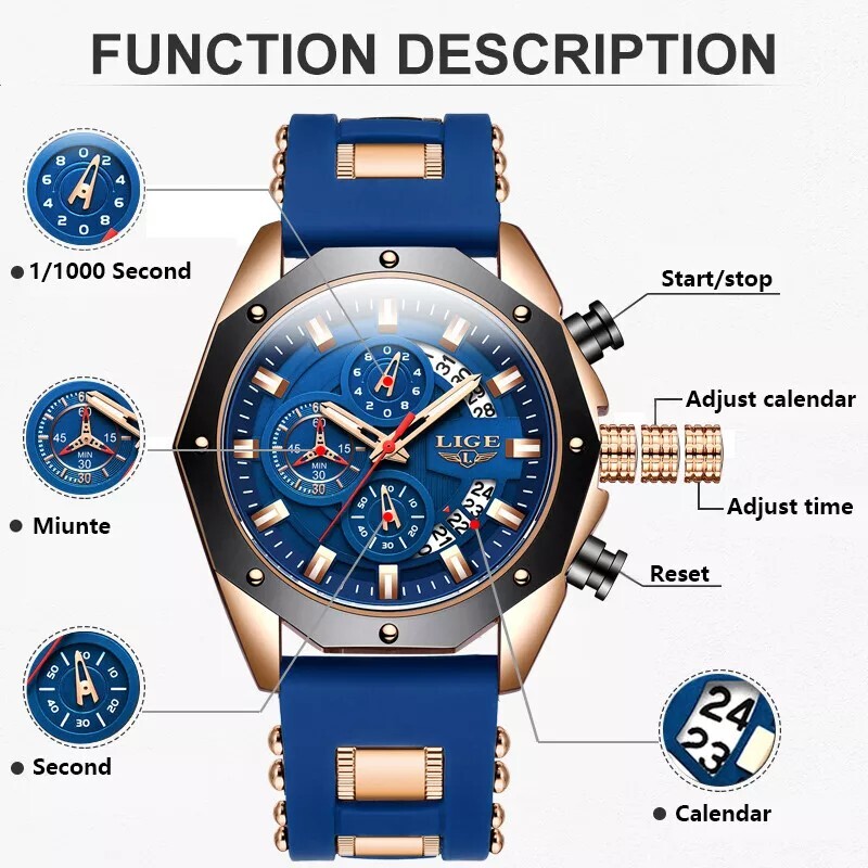 LIGE Men Watch Quartz Date Luminous Chronograph Waterproof Sport Wristwatch Gift
