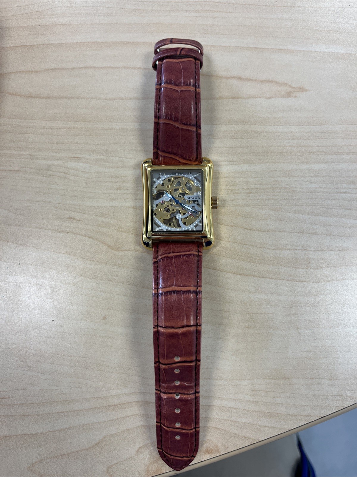 SEWOR Men’s Mechanical Skeleton Transparent Style Leather Wrist Watch