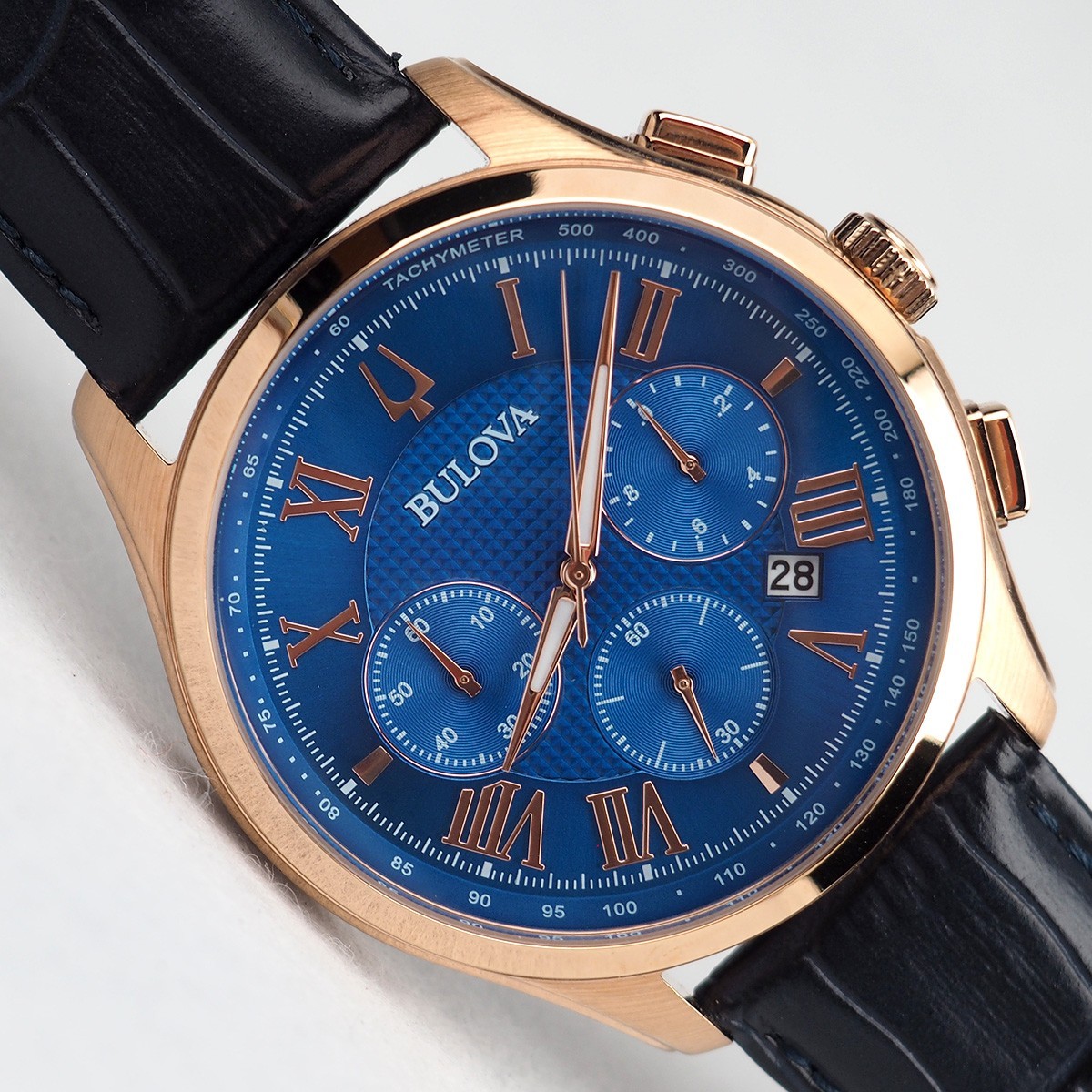 Men’s Bulova Classic Wilton 97B170 Blue Dial Leather Strap Watch 46.5mm w/ Box