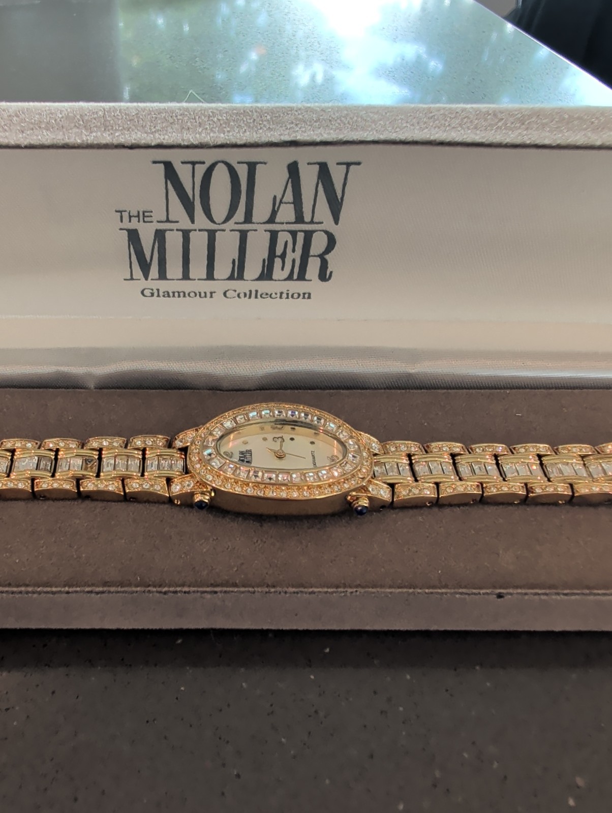 Nolan Miller Glamour Collection Gold Tone Clear Crystal Watch Needs Battery Q153