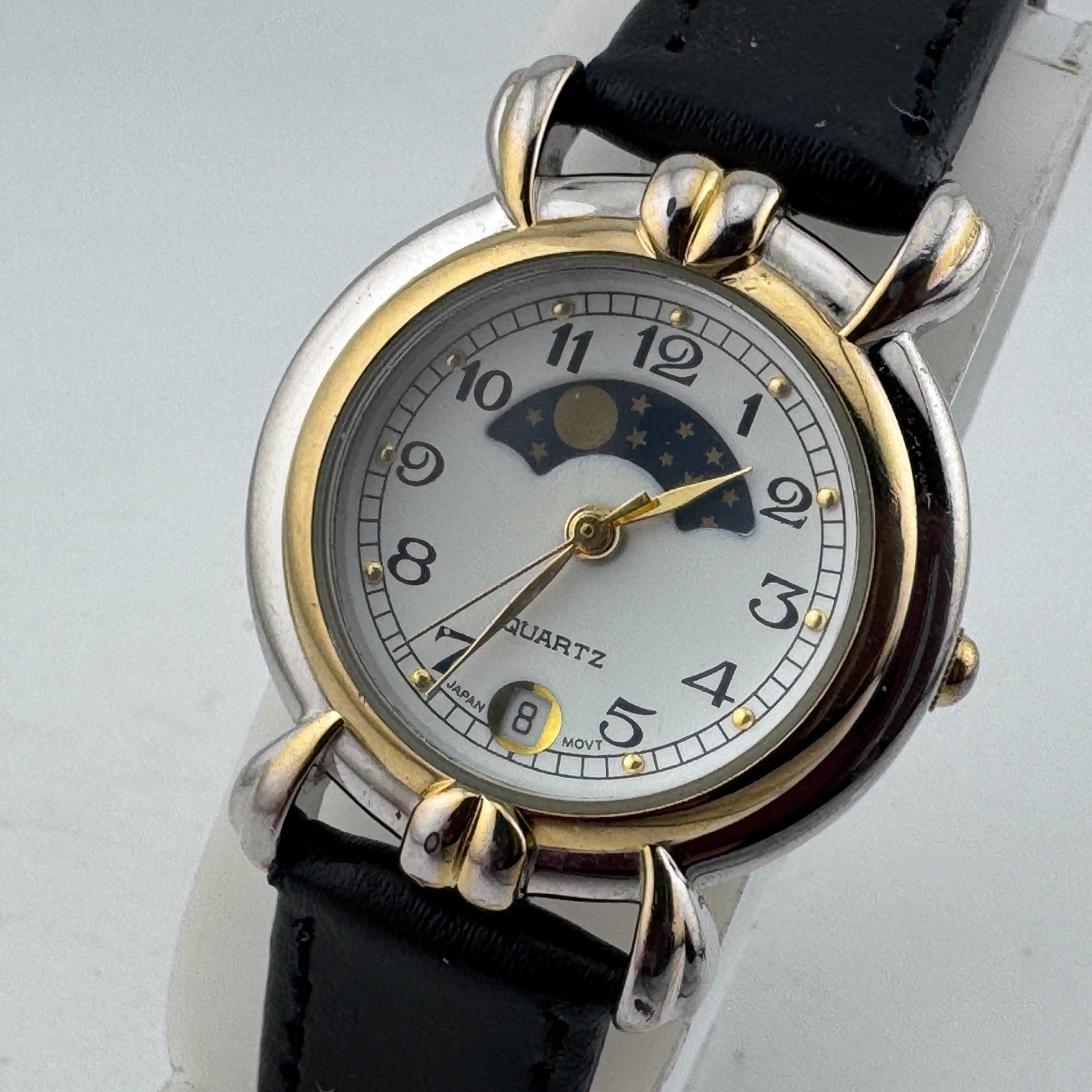 VTG Japan Movt Quartz Watch Women Moon Phase Dual Tone Leather Analog New Batter