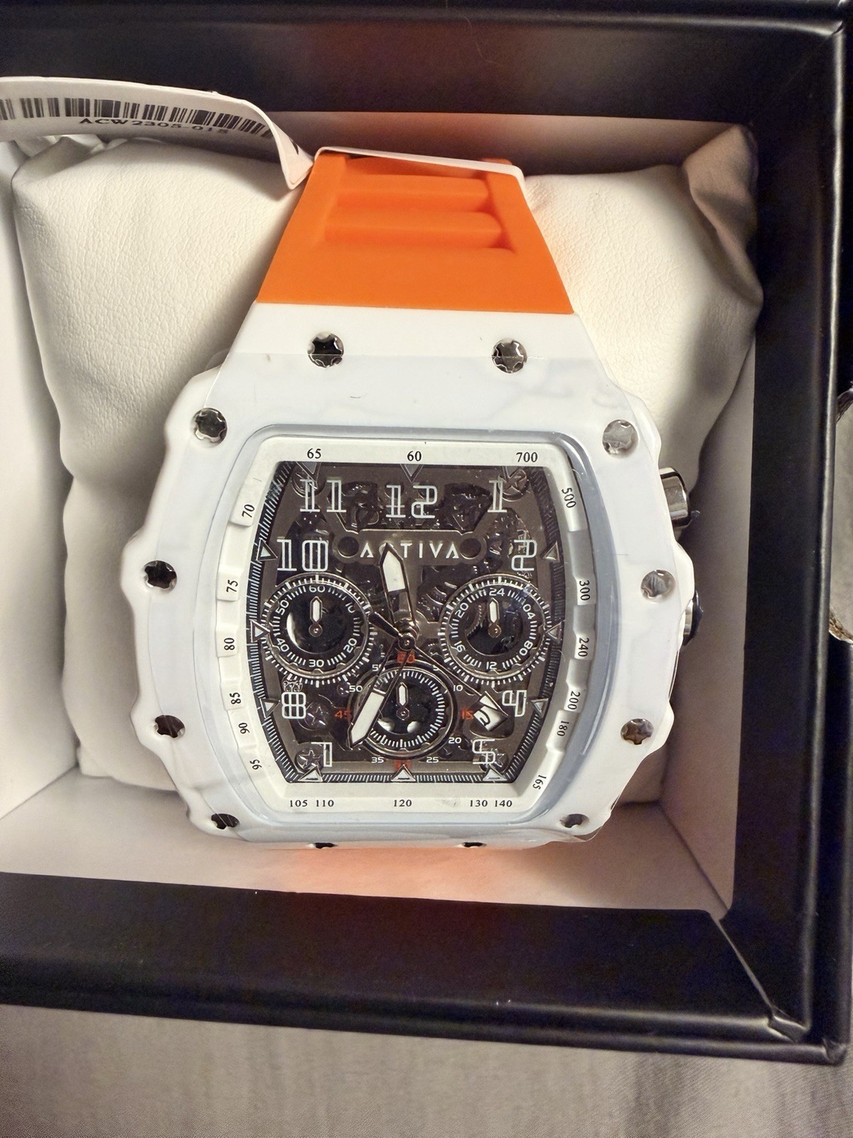 Activa Quartz Tonneau Chronograph Date Black Dial Orange Rubber Strap w/ Box