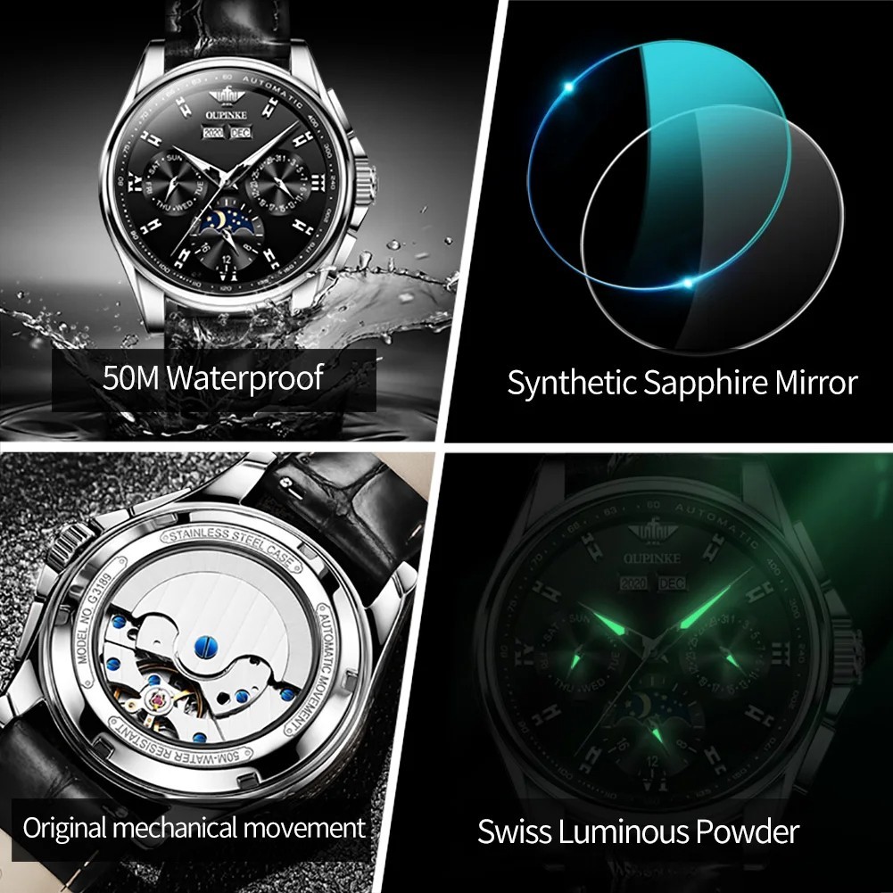 Automatic Mechanical Watch Men’s Waterproof Moon Phase Luxury Dial Men Strap