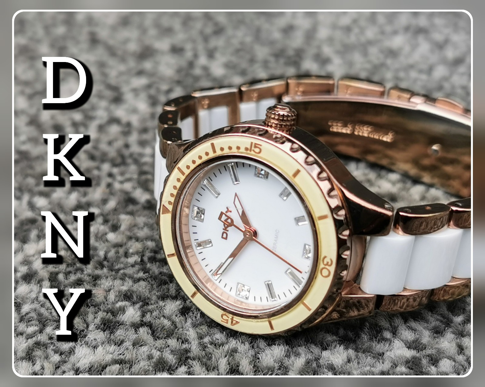DKNY NY850 Rose Gold Watch, White Round Dial Ceramic Bracelet, Deployment Clasp
