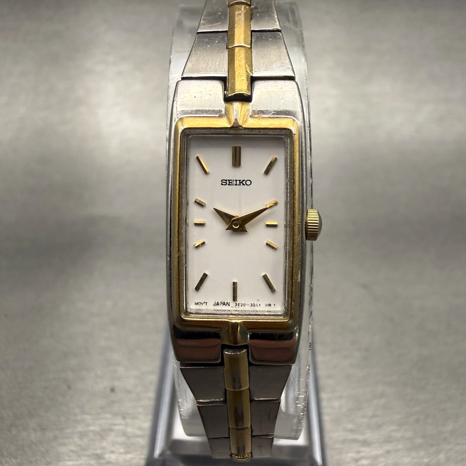Seiko Watch Women 13mm White Dial Two Tone Rectangle 2E20-0AY0 VTG New Battery