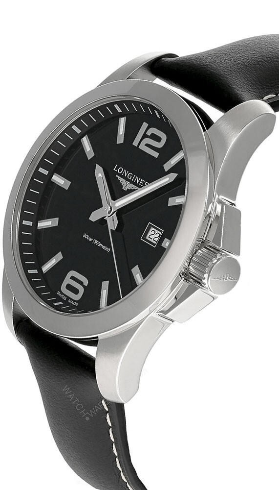 Longines Conquest 43mm Quartz SS Black Leather Band Men’s Watch L3.760.4.56.3