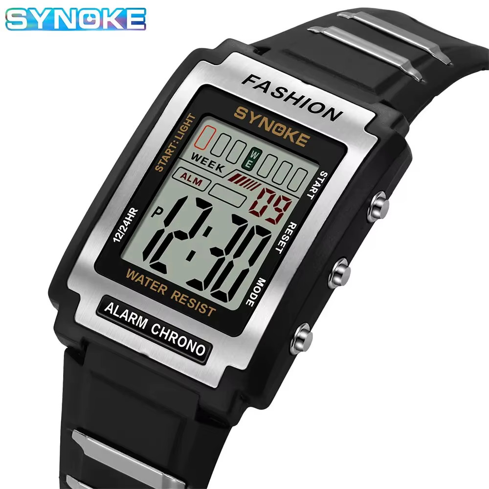 Men Rectangular Sports Electronic Watch Waterproof 50M Night Light Large Screen