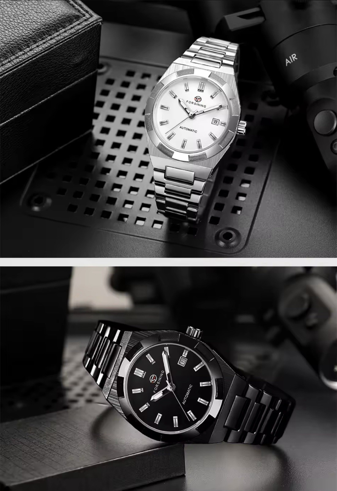 Forsining Black Automatic Watch 41mm Expedition Caseback 3bar Stainless Steel