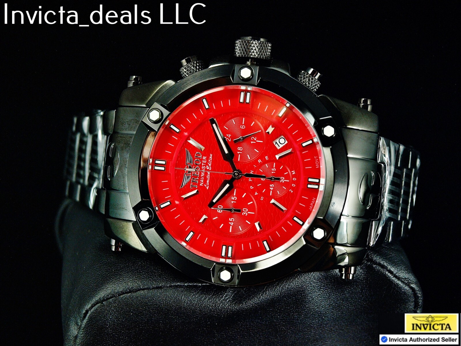 Tresod Men’s NAVMASTER Chronograph Red Dial Black Tone Sapphire Crystal SS Watch