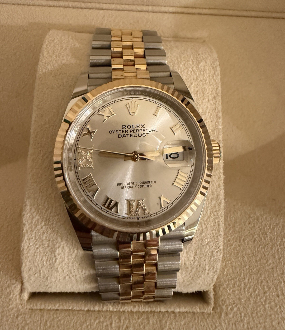 Rolex Datejust 36 Two-Tone Fluted Bezel Jubilee Bracelet Silver Roman Dial.