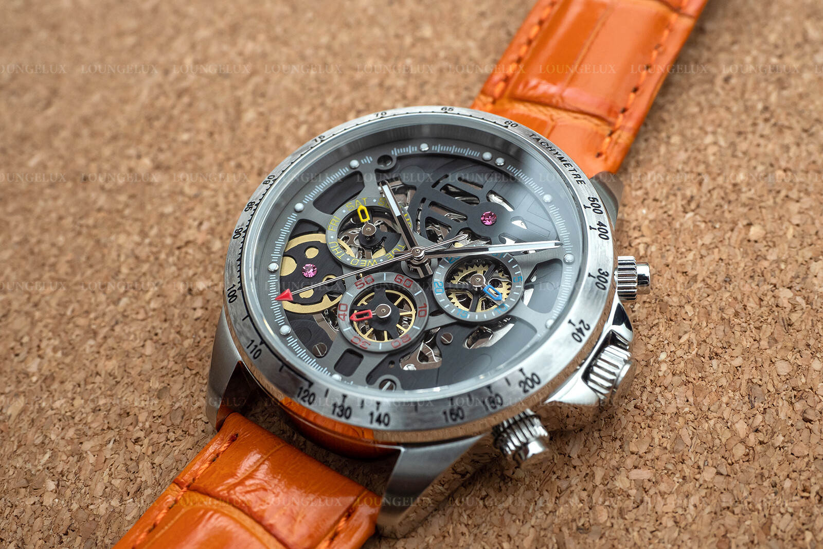 Mens Automatic Mechanical Watch Date Day Watch Silver Black Orange Leather