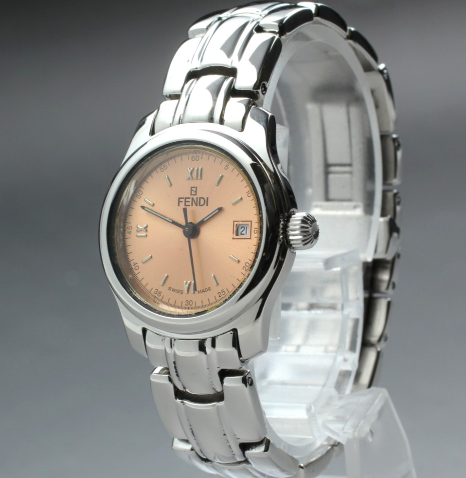 [Near MINT] Vintage FENDI 210L 26mm Pink Dial Date Quartz Silver Women’s Watch