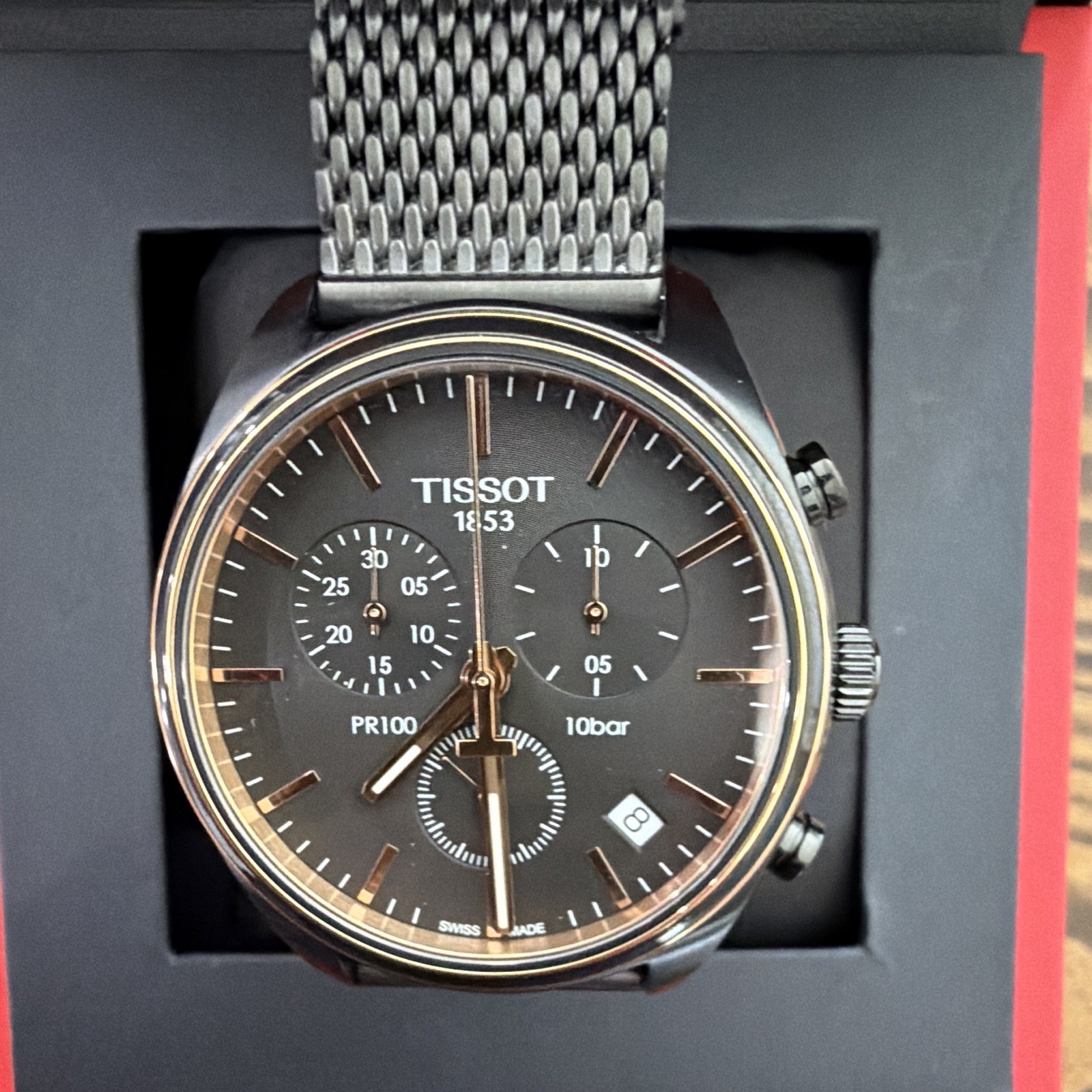Tissot PR 100 Chronograph Quartz Black Dial Mesh Bracelet 100m Box Papers