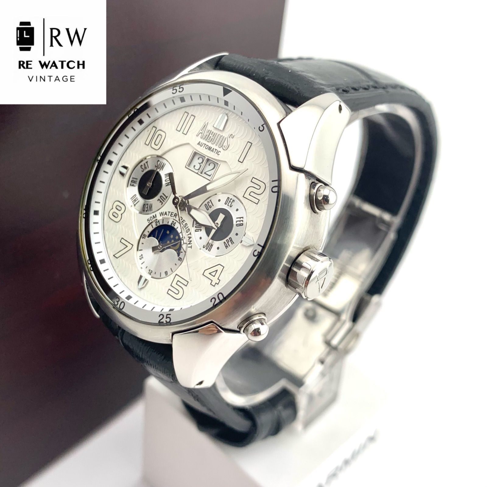 Arbutus Automatic Watch Silver Black Leather Date Day Month From Japan