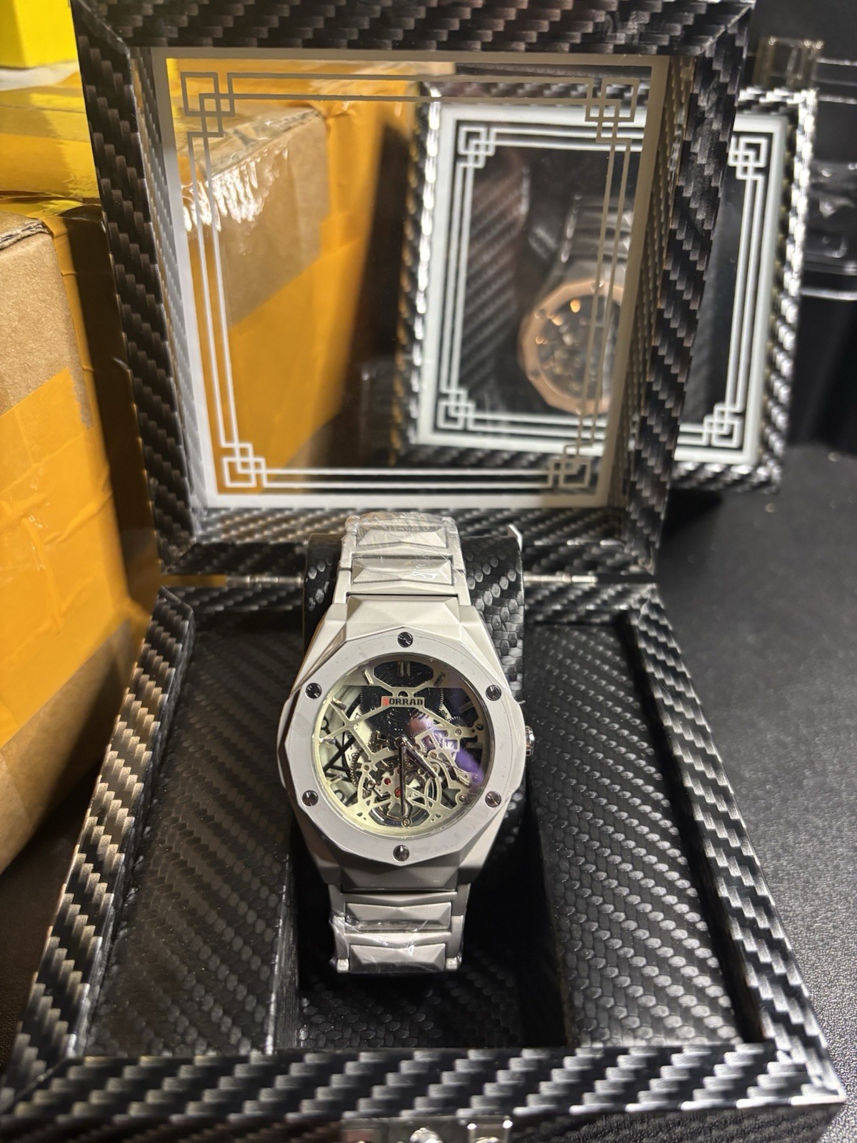 Forrad Skeleton Dial Octagon Stainless Steel Silver Bracelet w/ Box