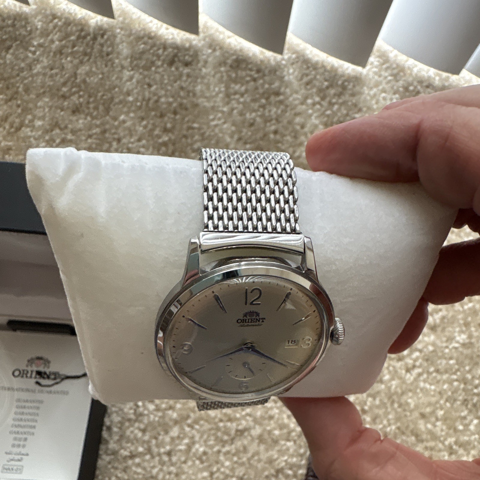 Orient Bambino Automatic Watch Beige Dial Date Mesh Bracelet + Leather Strap