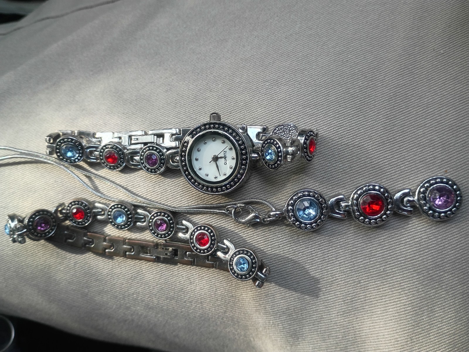 Silver Tone Bracelet, Watch & Necklace Set – Red, Blue & Purple Rhinestones