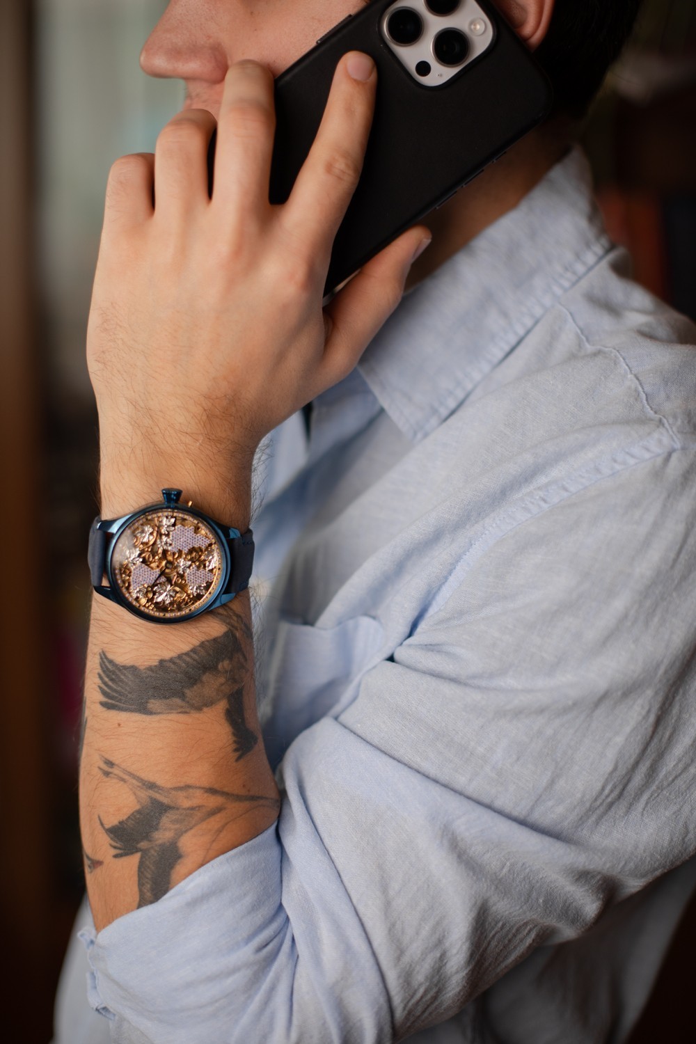 SWISS MOVEMENT SKELETON “GRAPE” ENGRAVED WRISTWATCH CUSTOM MADE MARRIAGE WATCH