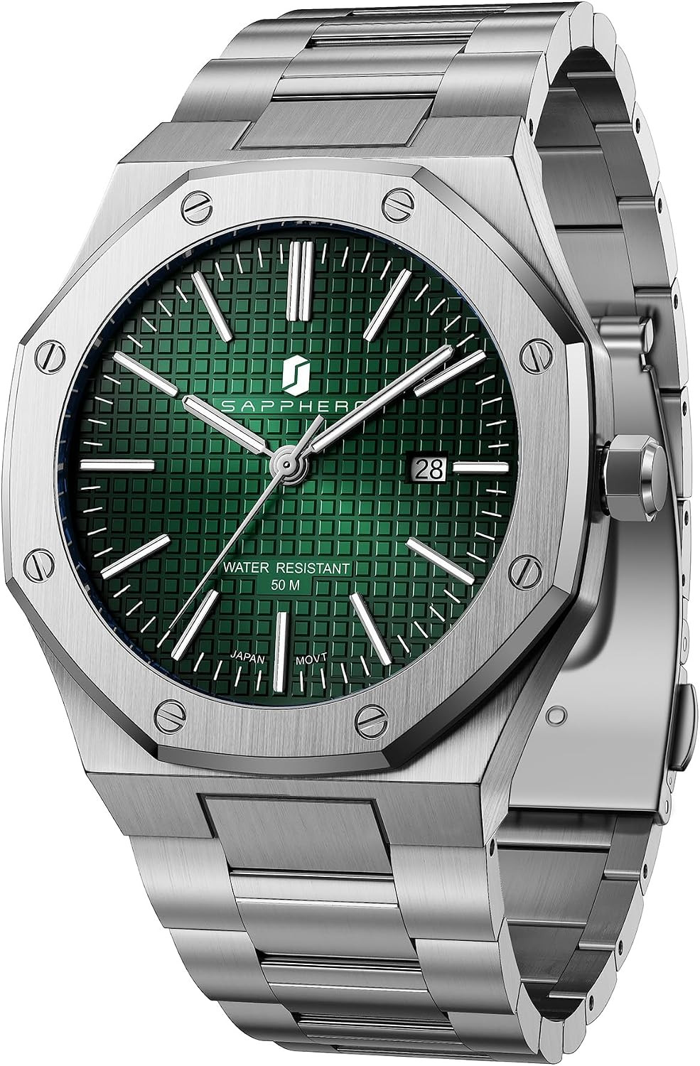Men’s Octagonal Quartz Watch Stainless Steel 50M Waterproof Luminous Date