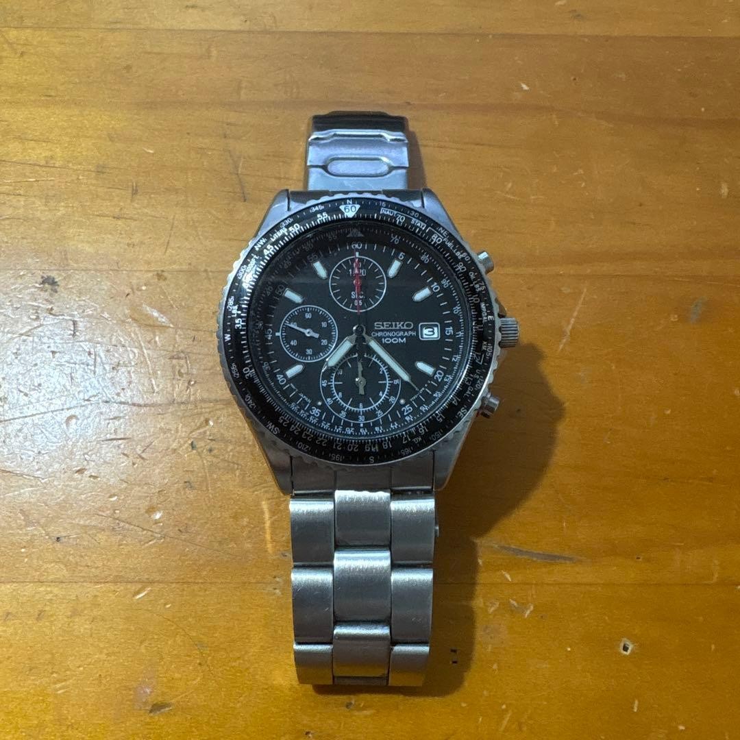 Seiko Quartz Chronograph Watch Black Dial 100M Waterproof with Slide Rule From J