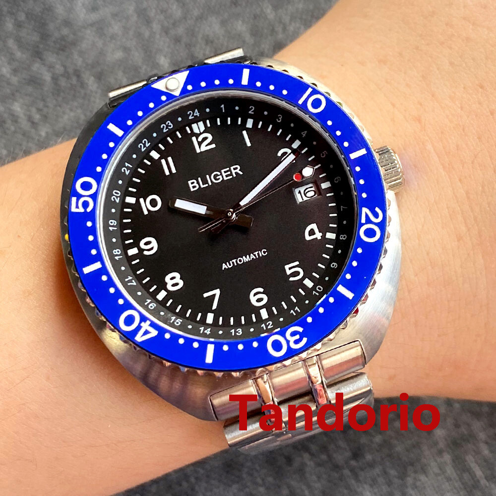 43mm Bliger Black Blue Green Dial Men Watch Oyster Strap Sapphire Glass Crystal