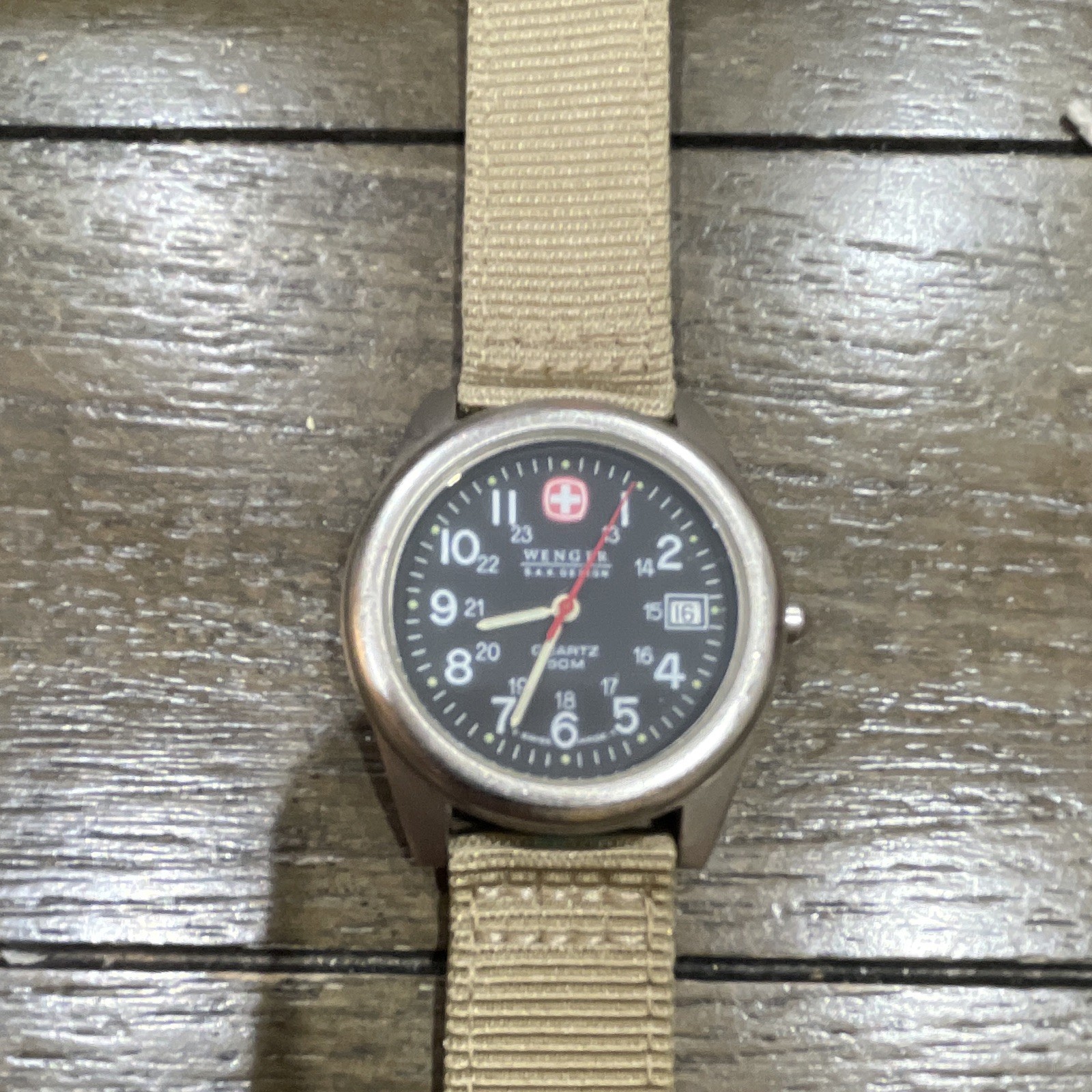 Wenger Swiss Army Quartz 50m Date Black Dial Beige Nylon Strap 36-39.9mm
