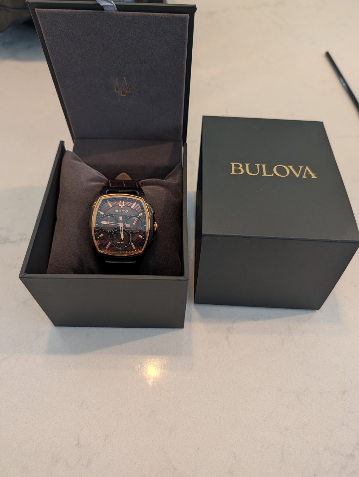 Bulova CURV Men’s Quartz Chronograph Tonneau 44mm Brown Leather Watch w/ Box