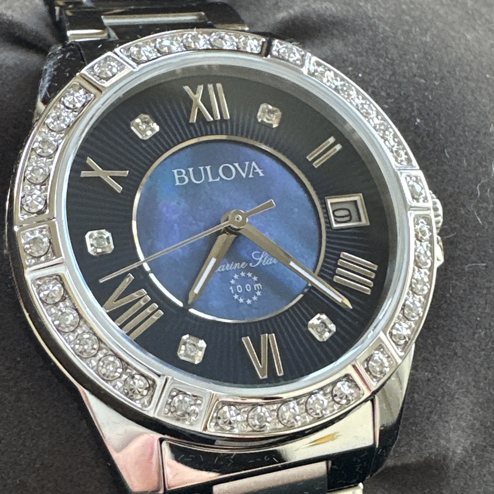 Bulova Women’s Marine Star Quartz Date Silver Stainless Steel Watch 32 MM 96R215