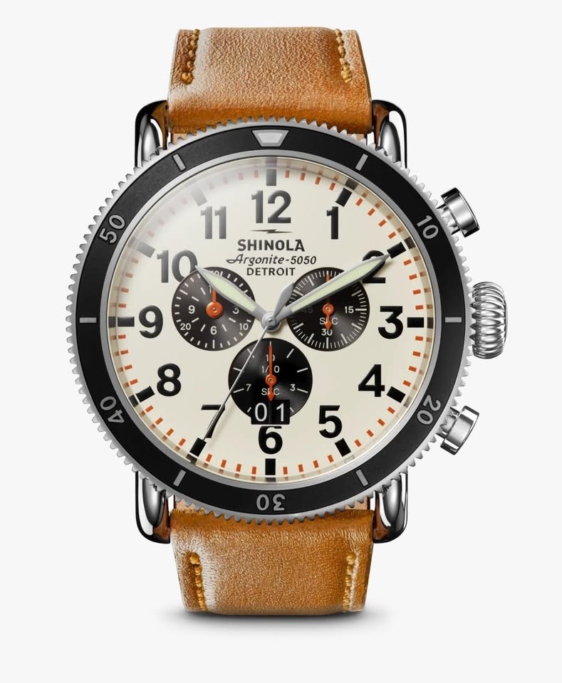 Shinola Runwell Sport Chrono 48 mm Cream Dial Tan Strap Excellent Condition