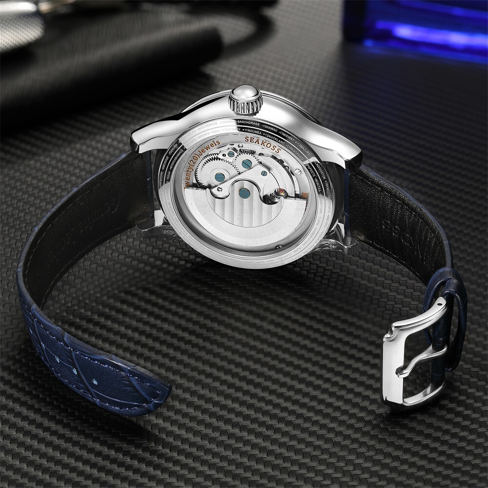 SEAKOSS Men’s Automatic Watch World Time Blue Dial Rose Gold Leather Strap