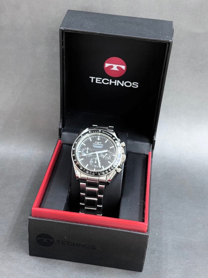 TECHNOS Chronograph Quartz Watch Wrist 18.5cm 7.28in Working Boxed Silver Japan