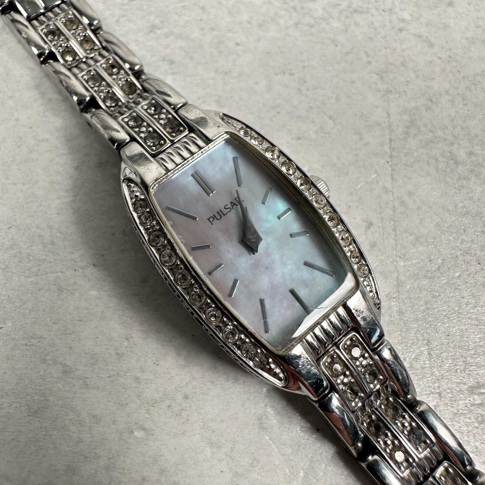 Pulsar Watch Womens 16mm Rectangle Pave Bezel Dial Case Silver Tone New Battery
