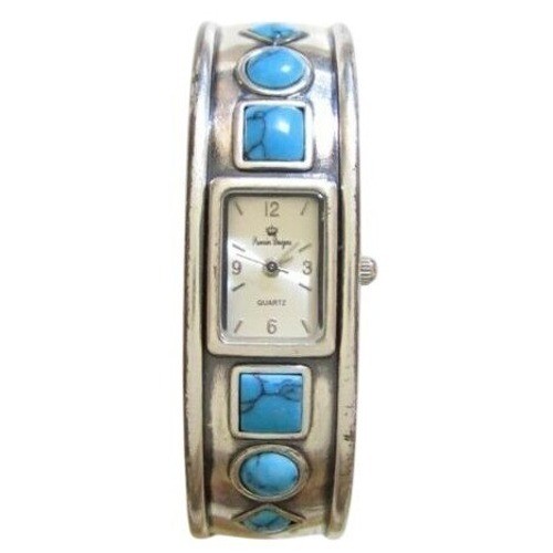 Signed Premier Designs Faux Turquoise Cab Silver Plated Bangle Wristwatch
