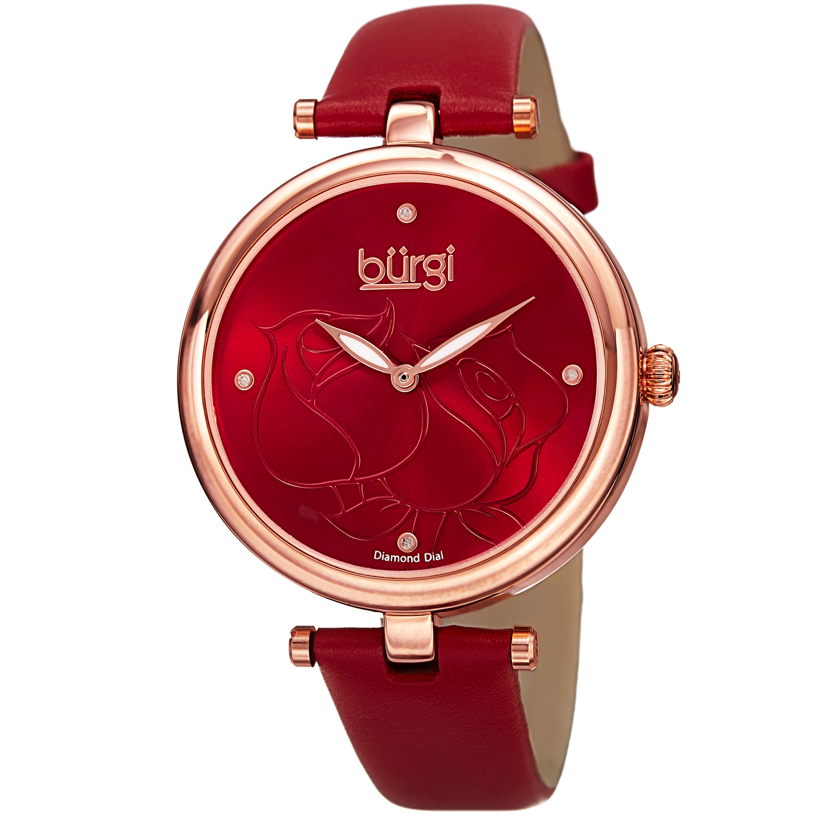Women’s Burgi BUR151RD Flower Engraved Diamond Dial Genuine Leather Strap Watch