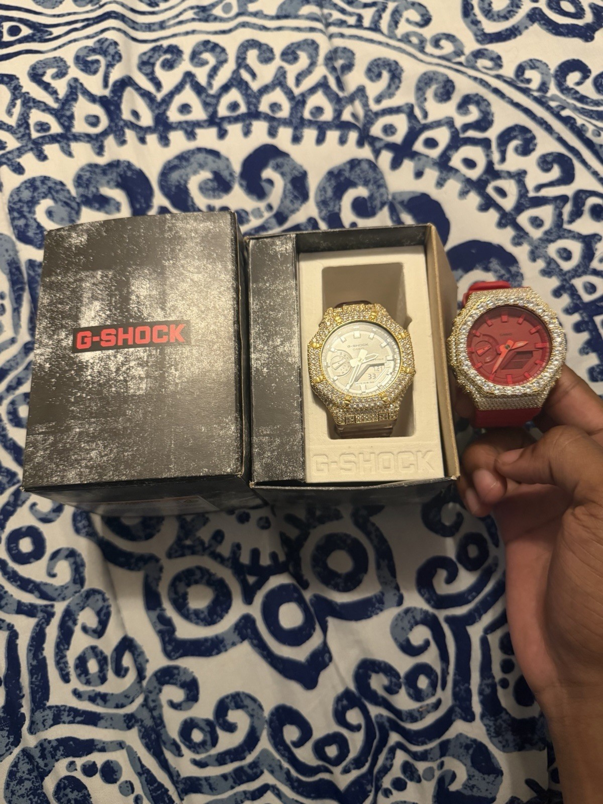Red And Clear Gshock GA2100 With Custom Moissanite Gold Diamond Bezel