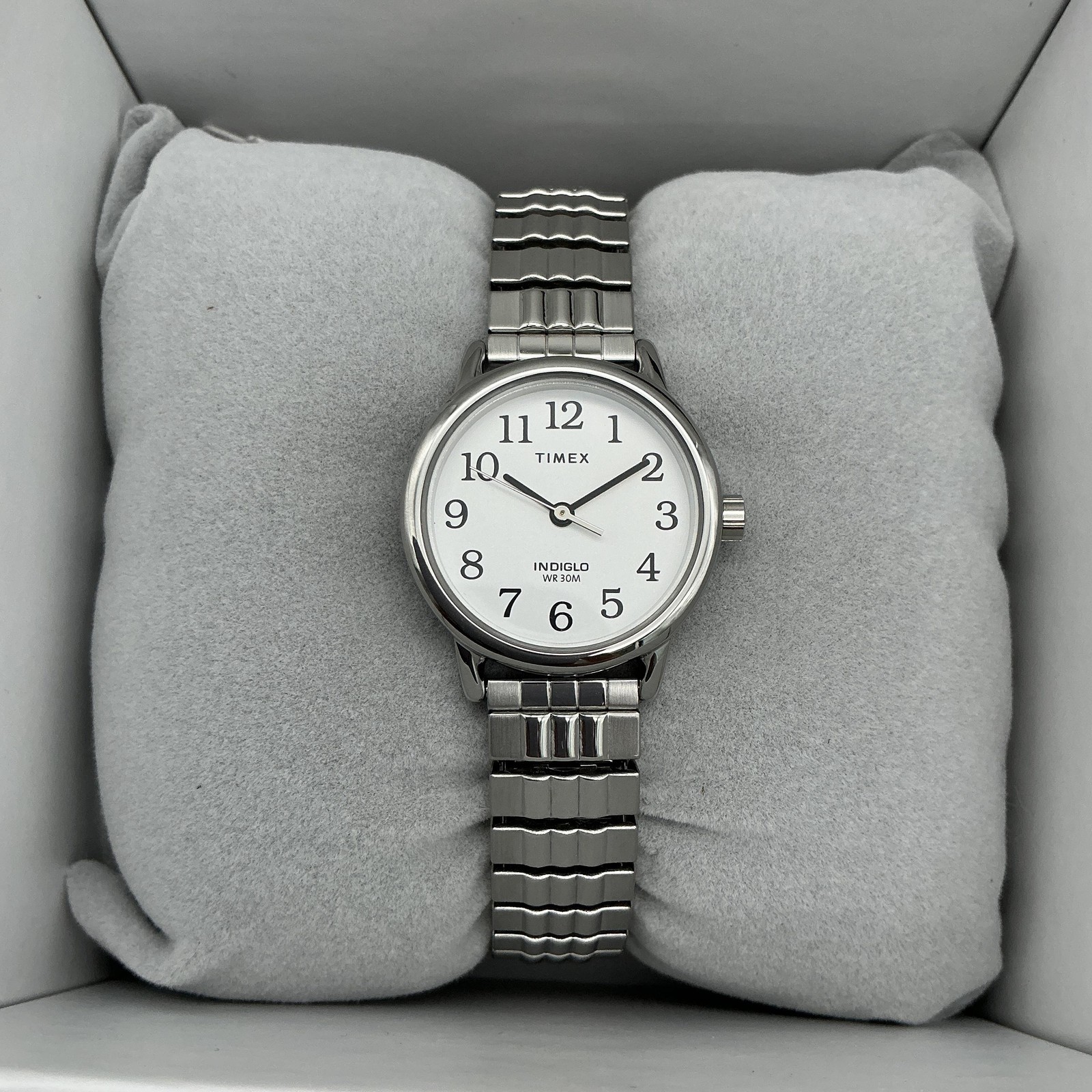 Timex Easy Reader Womens Watch 25mm White Dial Indiglo Expansion Band Stainless